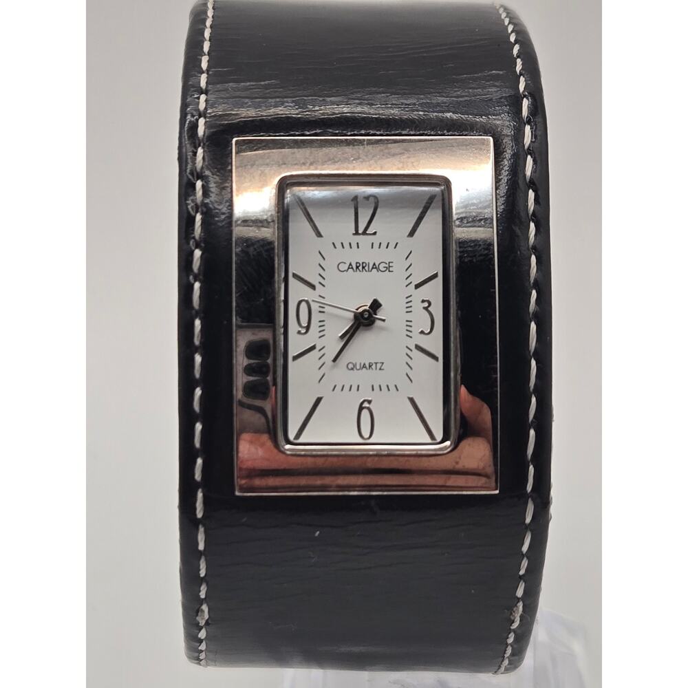 Carriage Timex Watch Rectangular Quartz Black Leather Wide Cuff Band Y2K